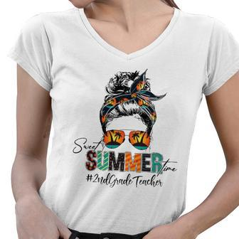 Sweet Summer Time 2Nd Grade Teacher Messy Bun Beach Vibes Women V-Neck T-Shirt - Thegiftio UK