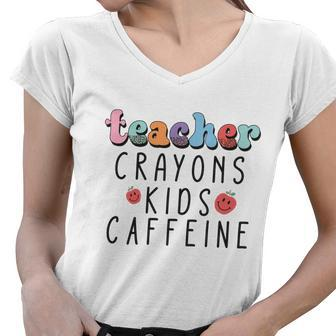 Teacher Crayons Kids Caffeine Retro Teacher Women V-Neck T-Shirt - Seseable