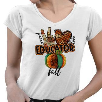Teacher Peace Love Fall Educator Women V-Neck T-Shirt - Seseable