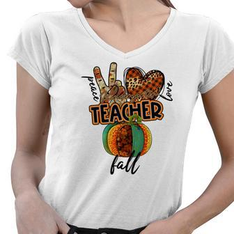 Teacher Peace Love Fall Kindergarten Women V-Neck T-Shirt - Seseable