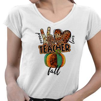 Teacher Peace Love Fall Sped Teacher Women V-Neck T-Shirt - Seseable