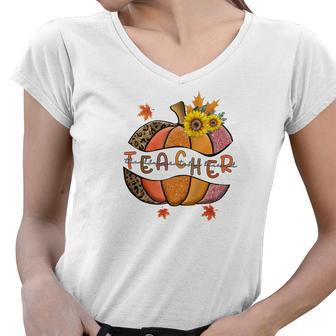 Teacher Thankful Grateful Blessed Fall Thanksgiving Women V-Neck T-Shirt - Seseable