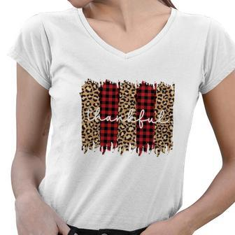 Thankful Fall Leopard Red Plaid Pattern Women V-Neck T-Shirt - Seseable