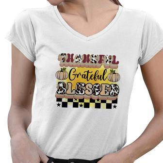 Thankful Grateful Blessed Autumn Fall Season Gifts Women V-Neck T-Shirt - Seseable