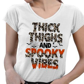 Thick Thighs And Spooky Vibes Leopard Halloween Costume Women V-Neck T-Shirt - Seseable