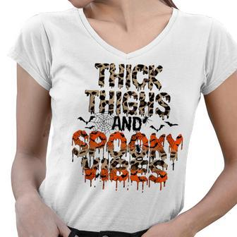 Thick Thighs And Spooky Vibes Leopard Halloween Nightmare Women V-Neck T-Shirt - Seseable
