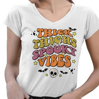 Thick Thighs And Spooky Vibes Spooky Season Halloween Women V-Neck T-Shirt - Seseable