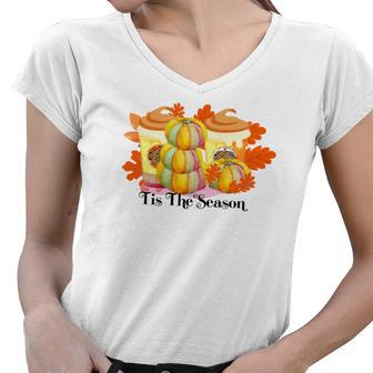 Tis The Season Pumpkin Pie Latte Drink Fall Women V-Neck T-Shirt - Seseable