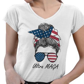 Ultra Maga Messy Bun Parody Trump 2024 Anti Biden Tshirt Women V-Neck T-Shirt - Monsterry