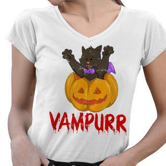 Vampurr Cat Halloween Kitten Vampire Cat Costume & Pumpkin Women V-Neck T-Shirt - Thegiftio