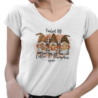 Vintage Autumn Fueled By Coffee _ Pumpkin Spice Women V-Neck T-Shirt - Seseable