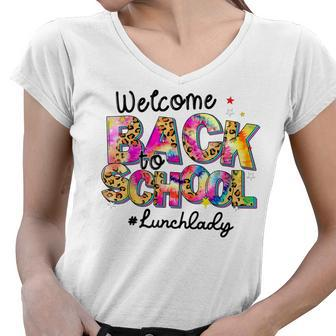 Welcome Back To School Lunch Lady Leopard Tie Dye Women V-Neck T-Shirt - Thegiftio UK