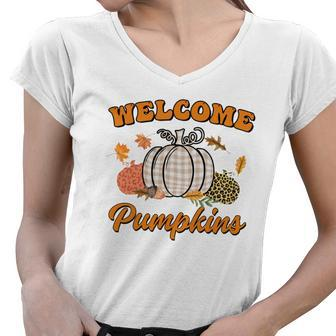 Welcome Pumpkin Leopard Plaid Autumn Fall Women V-Neck T-Shirt - Seseable