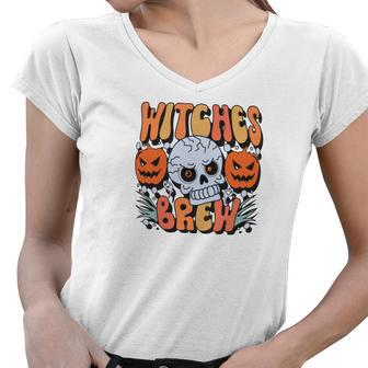 Witches Crew Pumpkin Skull Groovy Fall Women V-Neck T-Shirt