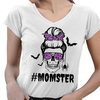 Womens Momster Funny Halloween Costume Skull Mom Messy Bun Women V-Neck T-Shirt | Seseable UK