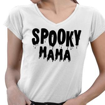 Womens Spooky Mama Mom Fun Scary Pumpkin Halloween Costume Boo Fall Women V-Neck T-Shirt - Seseable