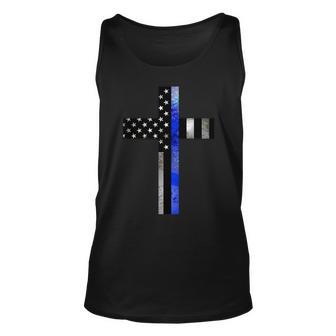 A Christian Cross Showing Support For Law Enforcement - Thin Blue Line Tshirt Unisex Tank Top - Monsterry DE