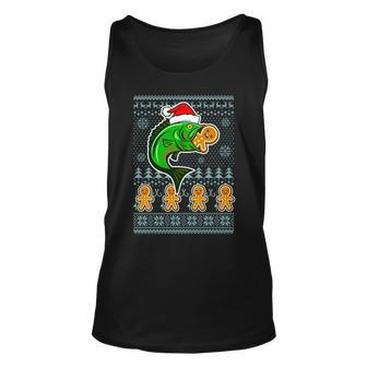 Bass Fish Eating Gingerbread Man Ugly Christmas Fishing Unisex Tank Top - Monsterry AU