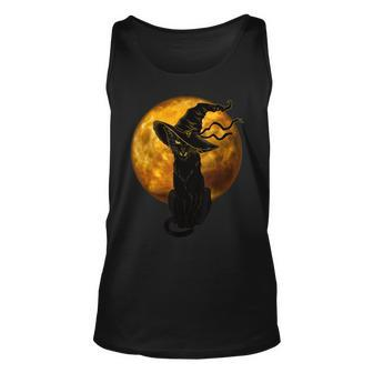 Beautiful Halloween Black Cat With Witch Hat Full Moon - Cat Unisex Tank Top - Seseable