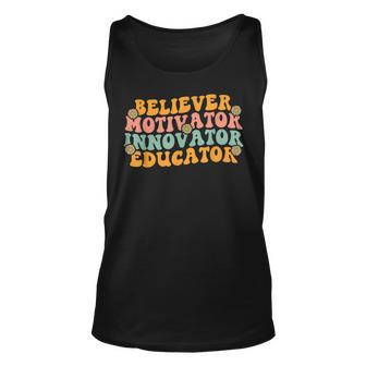 Believer Motivator Innovator Educator Retro Groovy Teacher Unisex Tank Top - Thegiftio UK