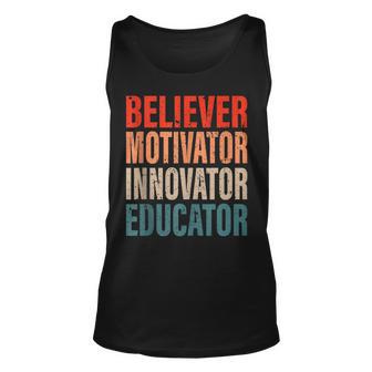 Believer Motivator Innovator Educator Retro Vintage Teacher Unisex Tank Top - Thegiftio