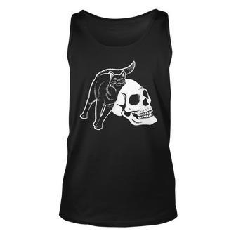 Black Cat And Human Skeleton Skull Punk Goth And Halloween Unisex Tank Top - Seseable
