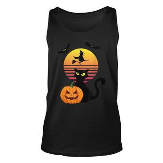 Black Cat Bat Witch And Pumpkin At Sunset On Halloween Unisex Tank Top - Seseable