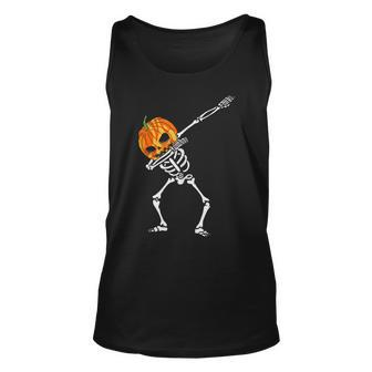 Dabbing Skeleton Pumpkin Head - Halloween Dancing Skeleton Unisex Tank Top - Seseable