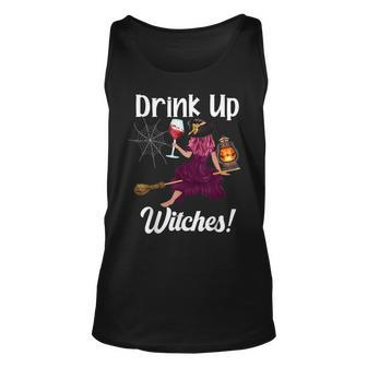 Drink Up Witches Funny Witch With Big Wine Glass Halloween Unisex Tank Top - Seseable