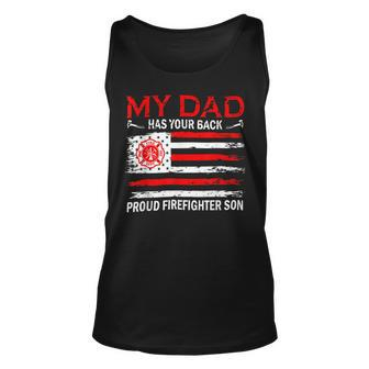 Firefighter Retro My Dad Has Your Back Proud Firefighter Son Us Flag Unisex Tank Top - Seseable