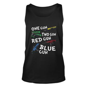 Funny Tee One Gun Two Gun Red Gun Blue Gun Custome Unisex Tank Top - Monsterry