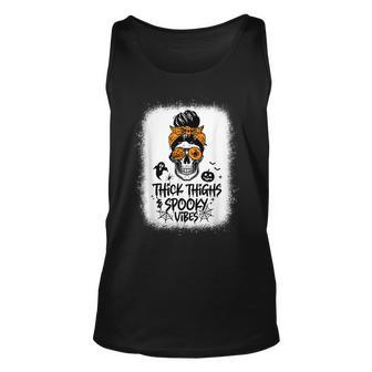 Funny Thick Thighs & Spooky Vibes Skull Messy Bun Halloween Unisex Tank Top - Seseable