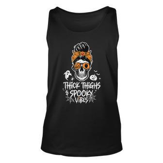 Funny Thick Thighs & Spooky Vibes Skull Messy Bun Halloween V4 Unisex Tank Top - Seseable