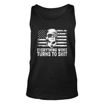 Funny Trump Everything Woke Turns To Shit Distressed Usa American Flag Tshirt Unisex Tank Top - Monsterry AU