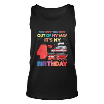 Gift For Kids Boys Out Of My Way Its My 4Th Birthday Rescue Funny Vehicles Birt Unisex Tank Top - Monsterry