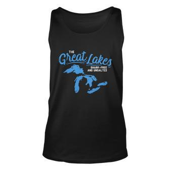 Great Lakes Shark Free And Unsalted Summer Vacation Lake Life Gift Unisex Tank Top - Thegiftio UK