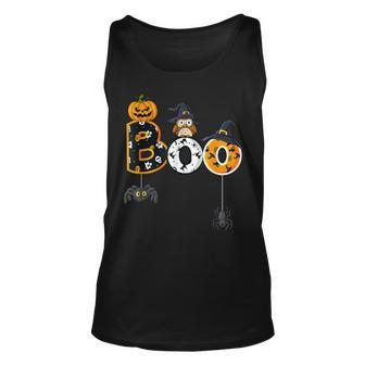 Halloween Boo Owl With Witch Hat Spiders Boys Girls Kids Unisex Tank Top - Seseable