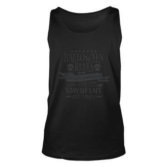 Halloween Rules Carve A Pumpkin Weak A Costume Stay Up Late Cat Candy Unisex Tank Top - Monsterry UK