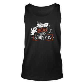 Halloween Say Boo And Scary On Orange And White Men Women Tank Top Graphic Print Unisex - Seseable