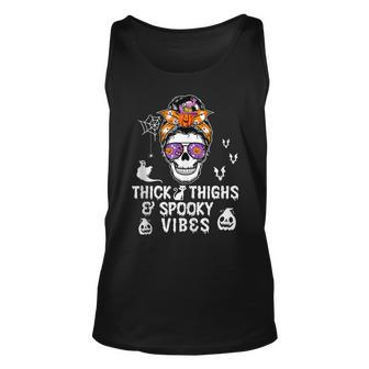 Halloween Skull Messy Bun Thick Thighs And Spooky Vibes Unisex Tank Top - Seseable