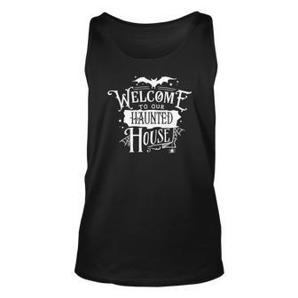 Halloween Welcome To Our Haunted House White Men Women Tank Top Graphic Print Unisex - Seseable