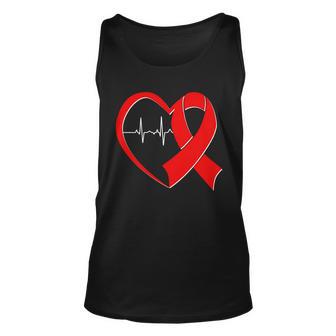 Heart Disease Health Awareness Heartbeat Red Ribbon Unisex Tank Top - Monsterry