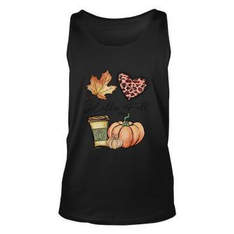 Hello Fall Pumpkin Coffee Thanksgiving Quote Unisex Tank Top - Monsterry