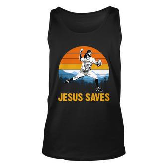 Jesus Saves Retro Baseball Pitcher Unisex Tank Top - Monsterry