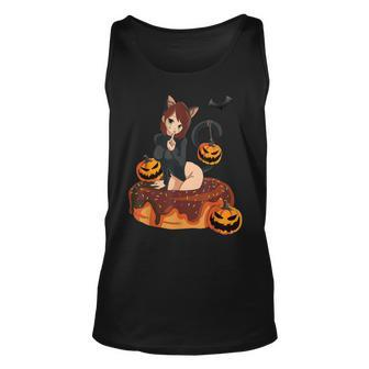 Kawaii Anime Halloween Black Cat | Sexy Anime Girl In Donut Unisex Tank Top - Seseable