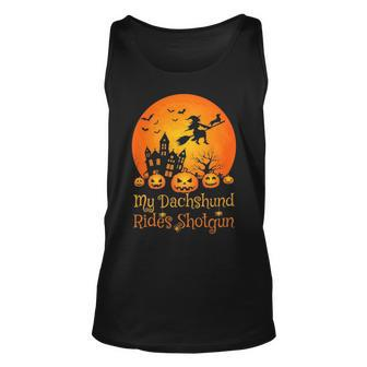 My Dachshund Rides Shotgun Pumpkin Witch Unisex Tank Top - Thegiftio UK
