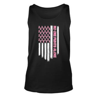 No One Fights Alone Breast Cancer Awareness American Pink Ribbons Flag Unisex Tank Top - Monsterry DE