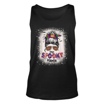 One Spooky Mama Mommy Halloween Mom Life Messy Bun Bleached Unisex Tank Top - Seseable