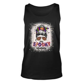 One Spooky Mommy Mama Halloween Mom Life Messy Bun Bleached Unisex Tank Top - Seseable