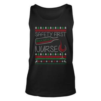 Safety First Drink With A Nurse Ugly Sweater Unisex Tank Top - Monsterry CA